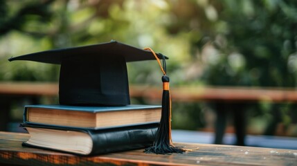 Portrait a graduation cap above a book on the wooden desk. AI generated image