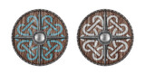 Fototapeta Tęcza - Old decorated wooden round shield isolated on white background