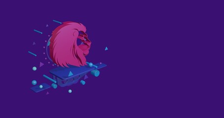 Poster - Pink lion head icon on a pedestal of abstract geometric shapes floating in the air. Abstract concept art with flying shapes on the left. 3d illustration on deep purple background