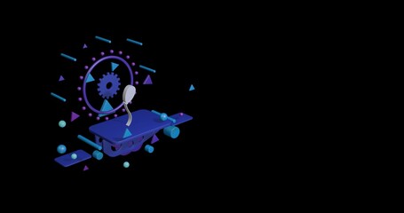 Poster - White balloon symbol on a pedestal of abstract geometric shapes floating in the air. Abstract concept art with flying shapes on the left. 3d illustration on black background