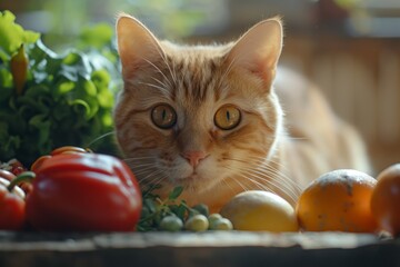 Wall Mural - Portrait of a cat with fruits and vegetables around him. Healthy food concept. Generative AI.