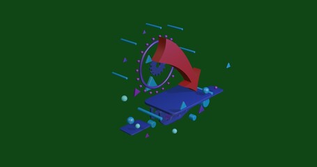 Poster - Red down arrow on a pedestal of abstract geometric shapes floating in the air. Abstract concept art with flying shapes in the center. 3d illustration on green background
