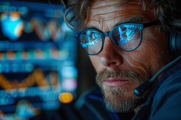 Poster - a stock trader analyzing market trends on a computer screen, seeking profitable investment opportuni