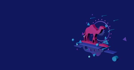 Poster - Pink wild camel symbol on a pedestal of abstract geometric shapes floating in the air. Abstract concept art with flying shapes on the right. 3d illustration on indigo background