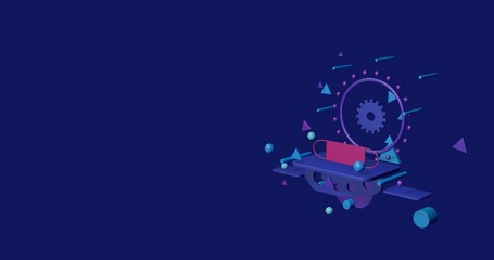 Poster - Pink mask symbol on a pedestal of abstract geometric shapes floating in the air. Abstract concept art with flying shapes on the right. 3d illustration on indigo background