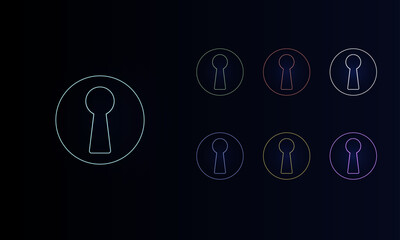 Poster - A set of neon keyhole symbols. Set of different color symbols, faint neon glow. Vector illustration on black background