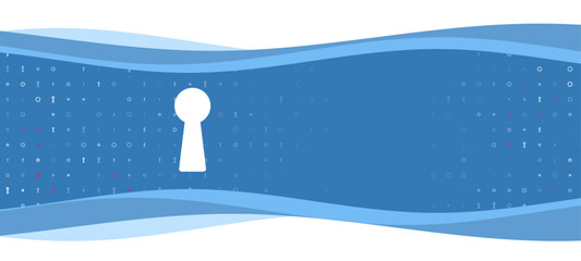 Poster - Blue wavy banner with a white keyhole symbol on the left. On the background there are small white shapes, some are highlighted in red. There is an empty space for text on the right side