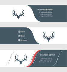 Poster - Set of blue grey banner, horizontal business banner templates. Banners with template for text and deer horns symbol. Classic and modern style. Vector illustration on grey background