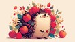 A whimsical forest critter illustrated in a cartoonish fashion meet the adorable hedgehog adorned with a collection of bright red apples on its back