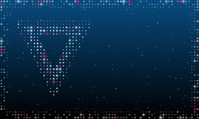 Poster - On the left is the give way symbol filled with white dots. Pointillism style. Abstract futuristic frame of dots and circles. Some dots is pink. Vector illustration on blue background with stars