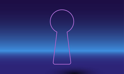 Poster - Neon keyhole symbol on a gradient blue background. The isolated symbol is located in the bottom center. Gradient blue with light blue skyline