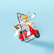 Fast food online delivery concept on blue background. Red scooter coming through the smartphone screen with food orders. 3D Rendering, 3D Illustration