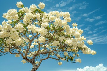 Wall Mural - Experience the mesmerizing beauty of a blooming white Ipê tree, where delicate white flowers are illuminated by sunlight against a backdrop of clear blue skies