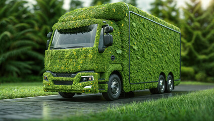 Wall Mural - Truck with green grass on road. Journey commercial vehicle carrying heavy. Trucking industry, delivering highway. scenery logistic service.