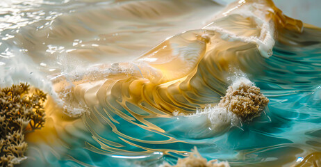 Wall Mural - A wave in the ocean with a sandy beach in the background. The water is blue and the sand is brown