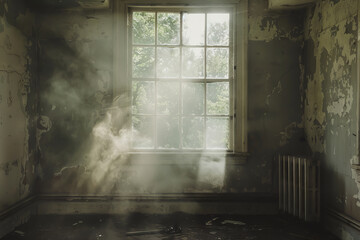 Poster - A window in a room with a lot of smoke coming out of it. The room is very dark and the window is the only source of light