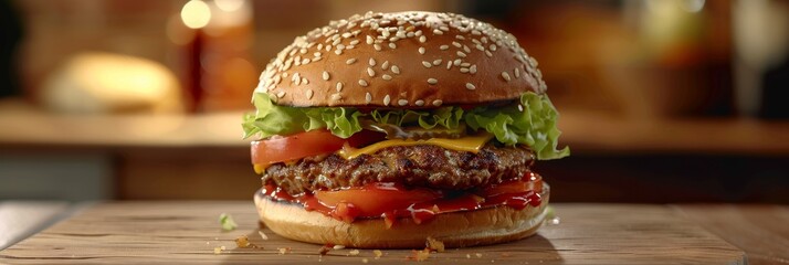 Wall Mural - A hamburger with lettuce and tomato on a wooden cutting board. The burger is topped with cheese and ketchup