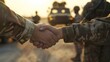 © AbiScene - Unity in Service Strong Handshake Among Military Comrades with Patriotic Vehicles in Background
