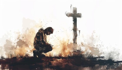 Wall Mural - A man kneeling in prayer with the cross behind him, soft misty background, hand drawn watercolor illustration style, white background, neutral colors