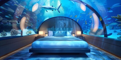 A bed is in a room with a large aquarium. The bed is blue and the aquarium is filled with fish