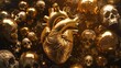 Glittering golden heart with skull details - A centerpiece of a sparkling golden heart amidst glowing skulls invokes contrast