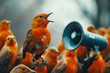 A group of birds are gathered around a microphone, with one bird speaking into it. The scene is lively and energetic, with the birds seemingly enjoying themselves and the music they are creating