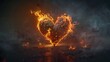 Fiery heart-shaped stone in smoky haze - A heart-shaped stone on fire with smoke around, alluding to the complexity of passionate feelings