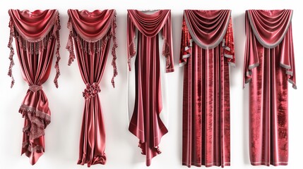 Wall Mural - A collection of beautiful red curtains displayed on a white background 