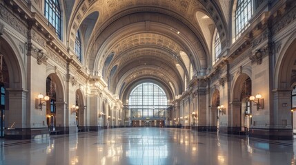 Wall Mural - A historic train station repurposed as a meeting venue, its soaring arches and ornate ceilings harkening back to a golden age of travel and industry. Amidst the hustle and bustle of arriving trains,