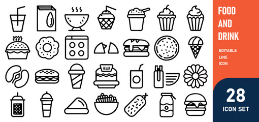 Wall Mural - Food and Drink Line Editable Icons set. Vector illustration of gastronomic related icons meat, fast food, main dishes, pastries, desserts, Asian cuisine, and drinks. Isolated on white