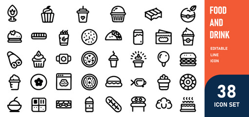 Wall Mural - Food and Drink Line Editable Icons set. Vector illustration of gastronomic related icons meat, fast food, main dishes, pastries, desserts, Asian cuisine, and drinks. Isolated on white