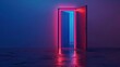 Glowing neon doorway in a serene space - A tranquil yet vibrant scene with a glowing, neon pink doorway that opens to a serene, blue-hued space