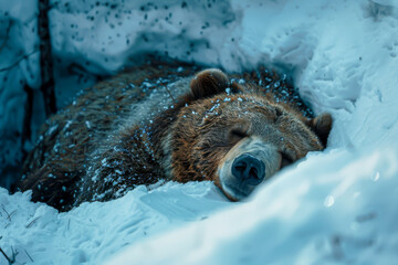 Wall Mural - A bear is sleeping in the snow. The bear is brown and has a white nose