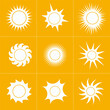 Sun icon set of 9, the source of light symbol. Sunlight, sunrise element. Shining sun icon in yellow color. Stock vector illustration isolated on yellow background.