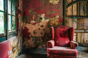 Poster - A red chair sits in a room with a red wall. The chair is old and worn, and the room is in a state of disrepair. Scene is one of abandonment and neglect