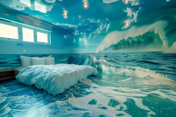 Wall Mural - A bedroom with a mural of the ocean on the wall. The bed is white and the room is decorated with blue accents