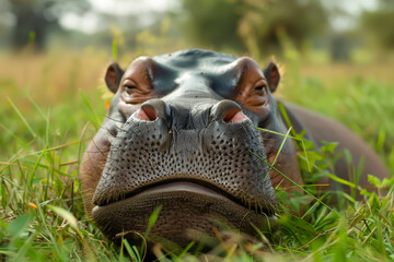 Wall Mural - A hippo is laying in the grass with its mouth open. The hippo is smiling and he is relaxed