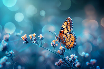 Sticker - A butterfly is sitting on a flower. The butterfly is orange and black. The background is blue and blurry