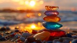 Fototapeta Londyn - Colorful glass stones, stacked on top of each other, beach, sunset, copy and text space, 16:9