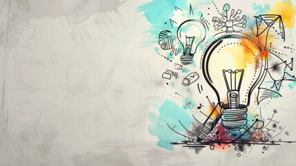 Poster - Creative light bulb with paint splashes backdrop - An illustrated light bulb surrounded by colorful paint splashes symbolizing innovation, creativity, and ideas