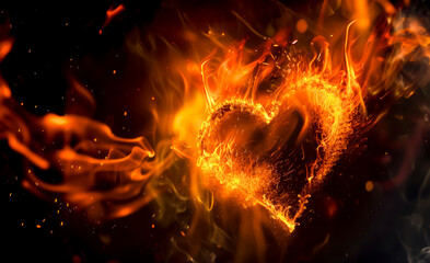 Sticker - A heart made of fire is lit up in the dark. The flames are orange and the heart is surrounded by sparks. Concept of danger and passion, as the fire represents both destruction and love