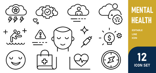 Wall Mural - Mental Health Line Editable Icons set. Vector illustration in modern thin line style of medical icons components of a healthy lifestyle and mental balance. Pictograms and infographics