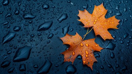 Two orange autumn leaves with water drops - Close-up image of two vibrant orange autumn leaves covered in water droplets against a dark blue wet surface, highlighting the beauty of fall and the change