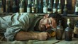 © Katsiaryna - Homeless man sleeping on the couch with beer bottles in the background