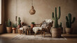 Bohemian Vibes, Beige Wall Background with Armchair and Cactus in a Boho Interior Setting