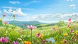 An idyllic spring landscape banner showcasing a meadow filled with colorful wildflowers, a clear blue sky, and rolling hills in the background