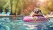 Summer Bliss Hedgehog Lounging in Inflatable Pool Ring with Sunglasses, Capturing Joyful Relaxation in Whimsical Scene
