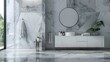 Modern bathroom interior with a marble shower curtain, mirror, towels, and a minimal white vanity against grey porcelain floor tiles