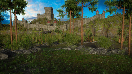 Poster - Old medieval castle in a highland landscape surrounded by forest. 3D render.
