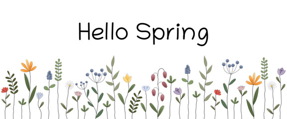 Poster - Hello Spring - Schriftzug in englischer Sprache - Hallo Frühling. Grußkarte mit einer bunten Blumenwiese.